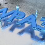 Word WPS3 in metal blue carried by several people on shiny wet metal floor 3D illustration