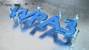 Word WPS3 in metal blue carried by several people on shiny wet metal floor 3D illustration