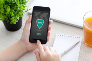 VPN mobile app on smart phone screen. 
