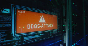 Close up shot of a computer login screen in a modern data center then appear message ddos attack