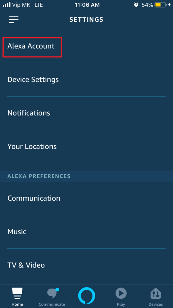 Alexa account option in alexa app screenshot. 
