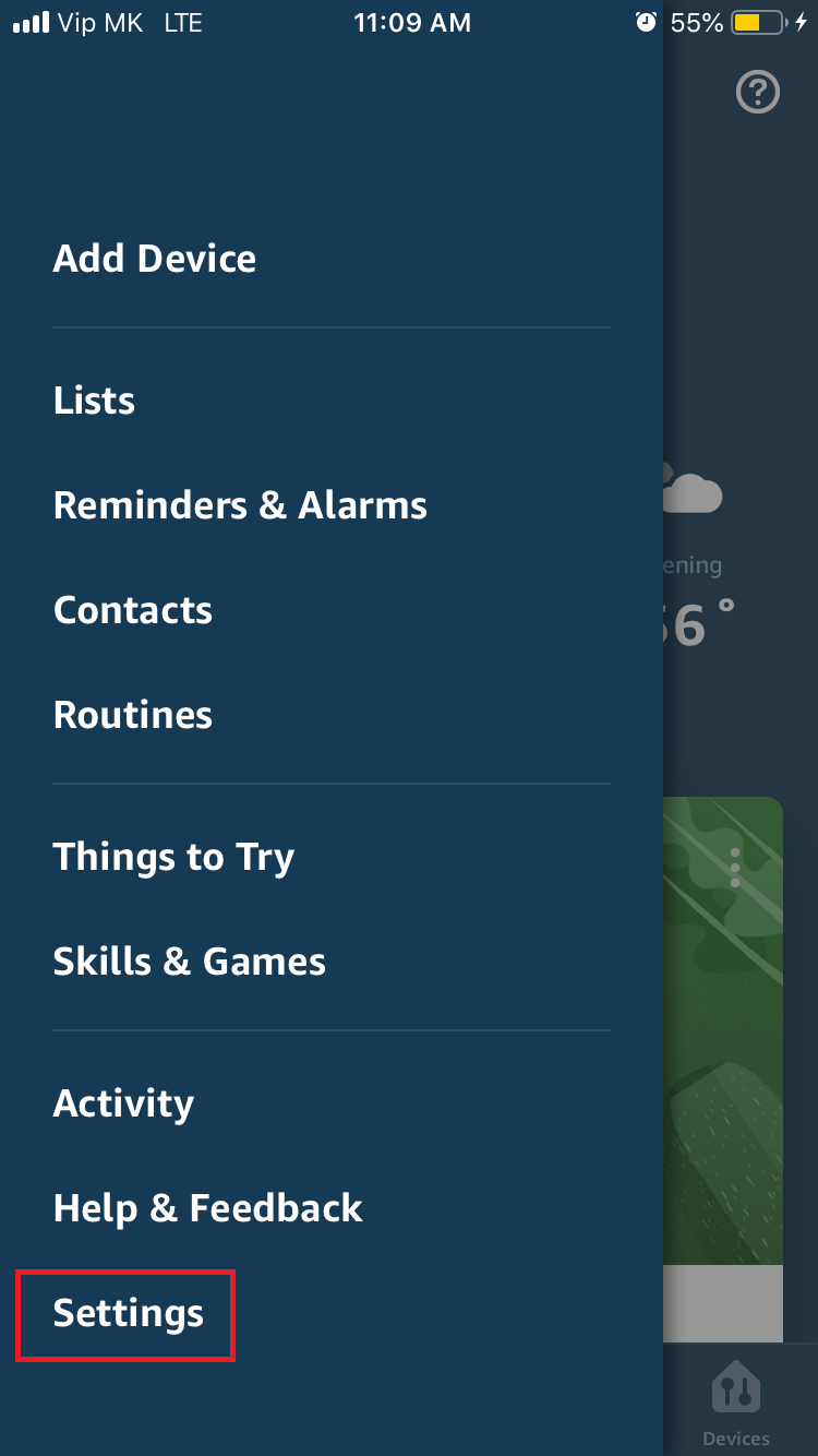 Settings option in Alexa App screenshot. 