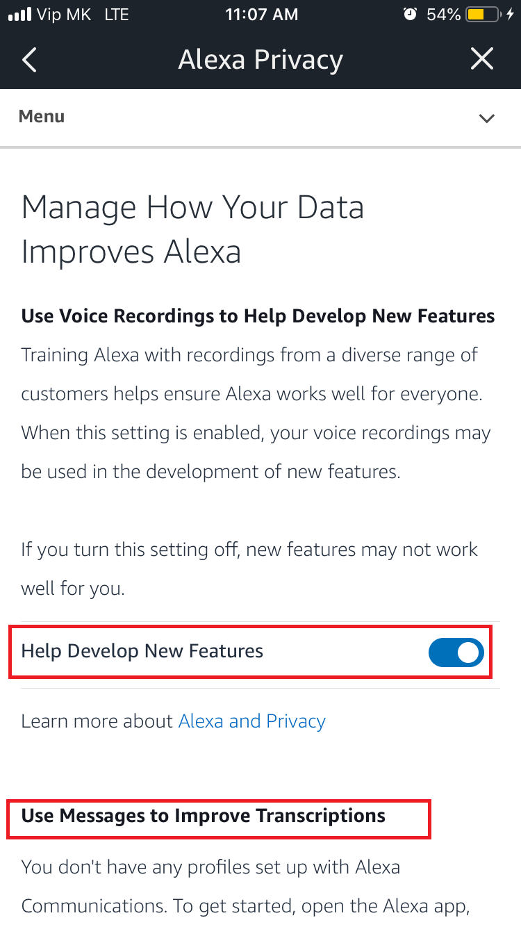 Use Messages to improve transcriptions option in Alexa App screenshot. 