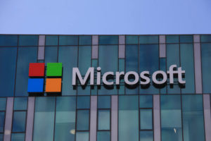 Microsoft logo company on the window facade of the new Microsoft headquarter (1)